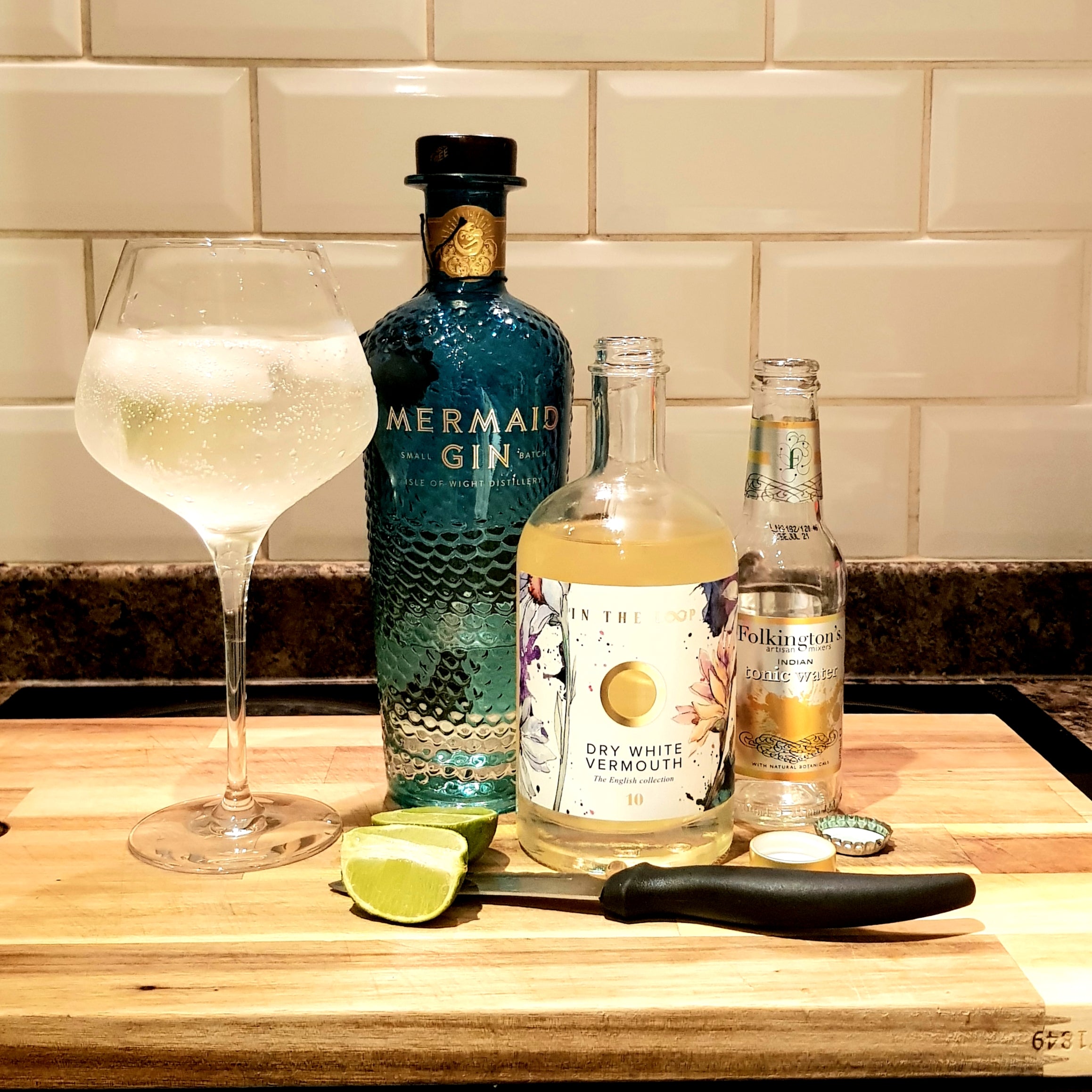 Mermaid gin, dry white vermouth and folkington tonic combine to make a g,v&t