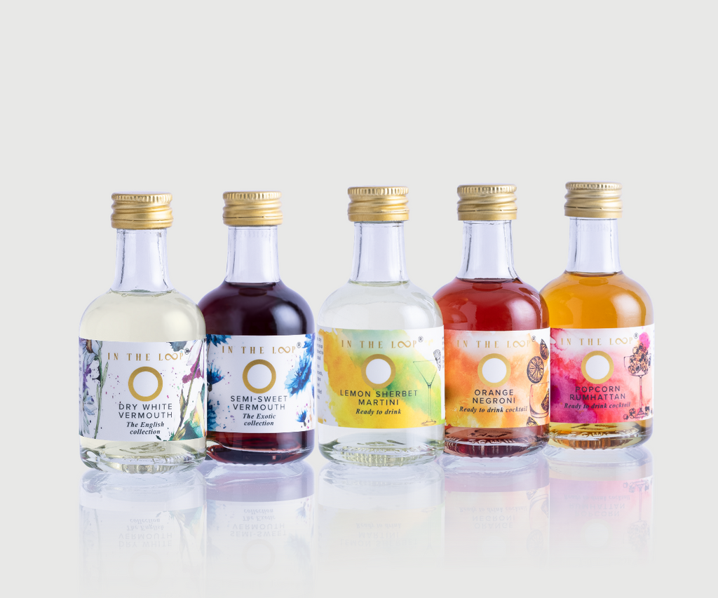From left to right: Dry white Vermouth; Semi-sweet red Vermouth; Lemon sherbet Martini cocktail; Orange Negroni cocktail; Popcorn Rumhattan cocktail. All made and bottled in east sussex. These are 50ml miniature taster bottles of the range