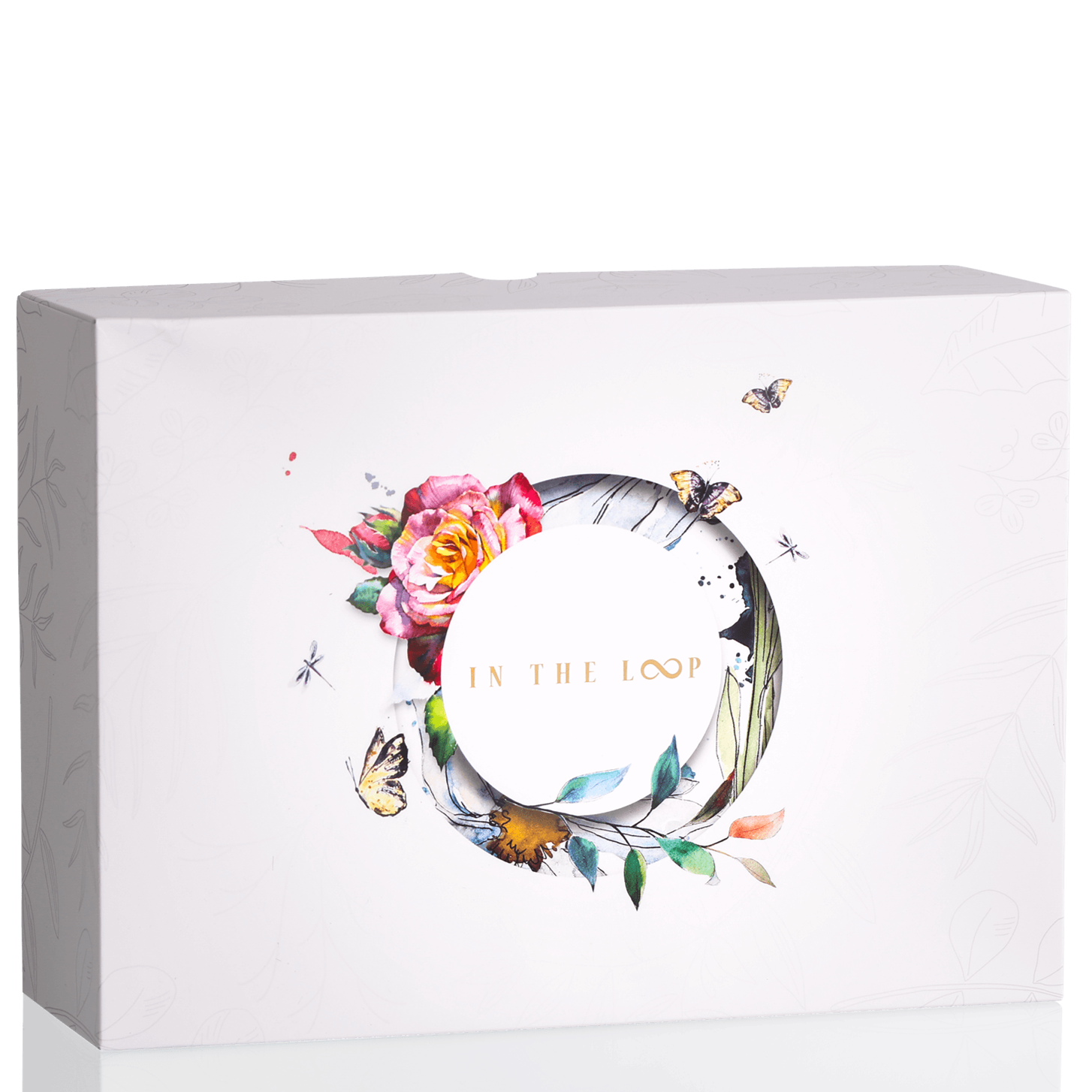 Stunning FSC and recycled card gift box. Pure white with flora and fauna drawings